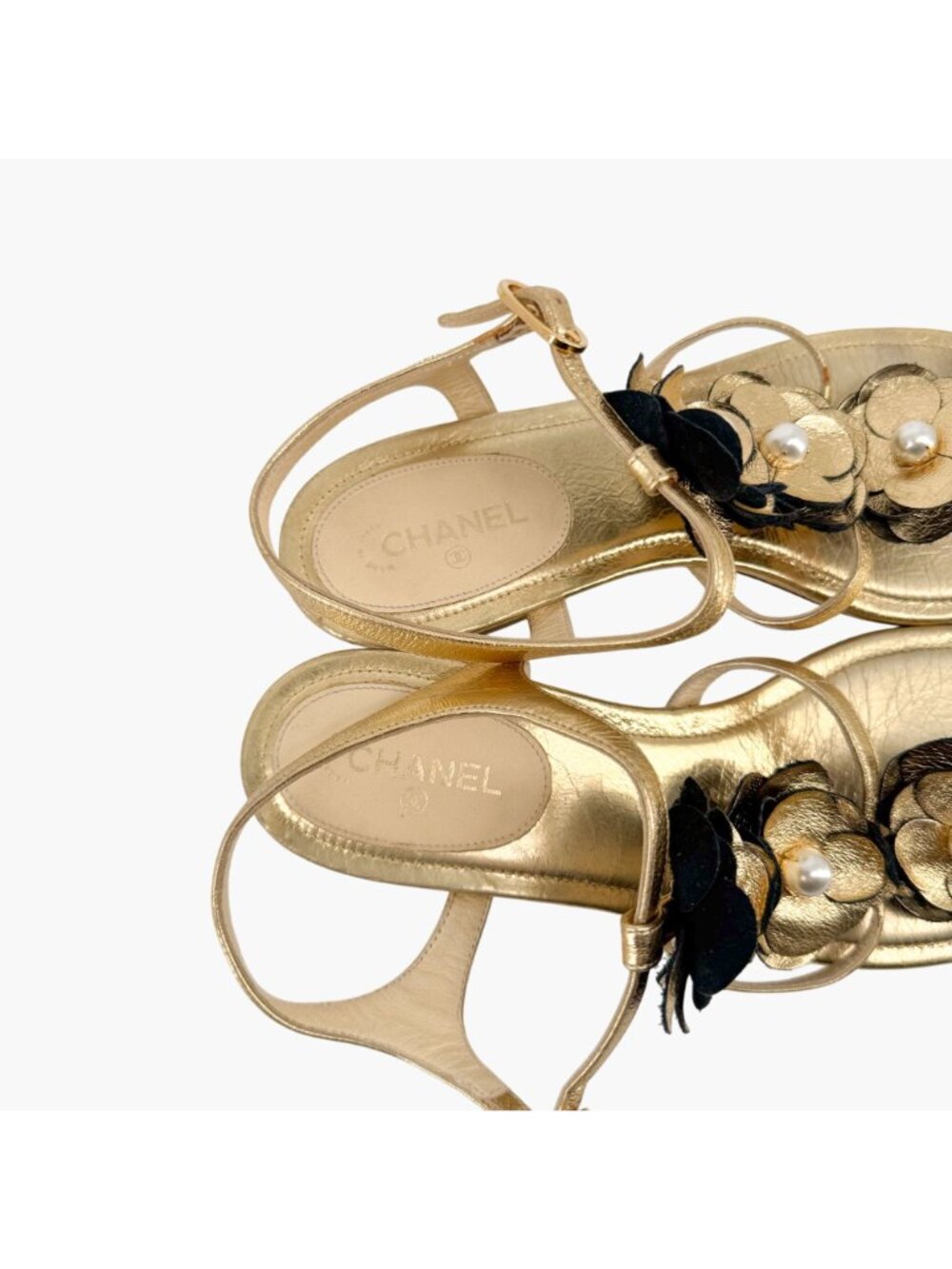 Chanel Camellia Pearl T-Strap Sandals Gold Leather Size 37C US 6–6.5 Women Flat - Picture 15 of 15